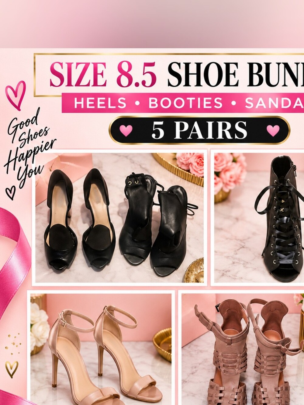 Women’s 5-Pair Shoe Bundle - Black and Nude Heels & Booties (Size 8.5)